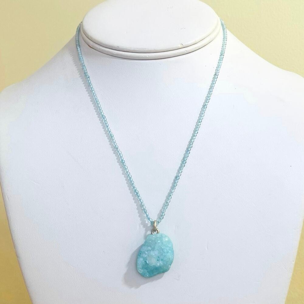 Vtg Handmade Blue Druzy Quartz Crystal Pendant Necklace Boho Glass Seed Beads